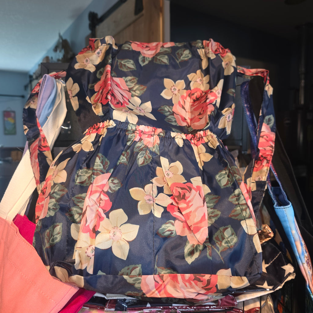 Navy Floral Drawstring Strap Tote
