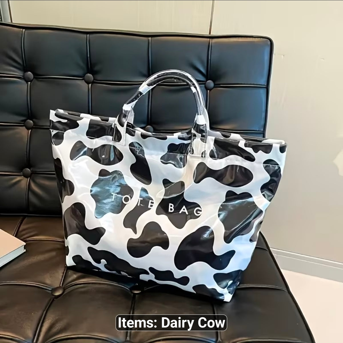 Black and white cow print tote