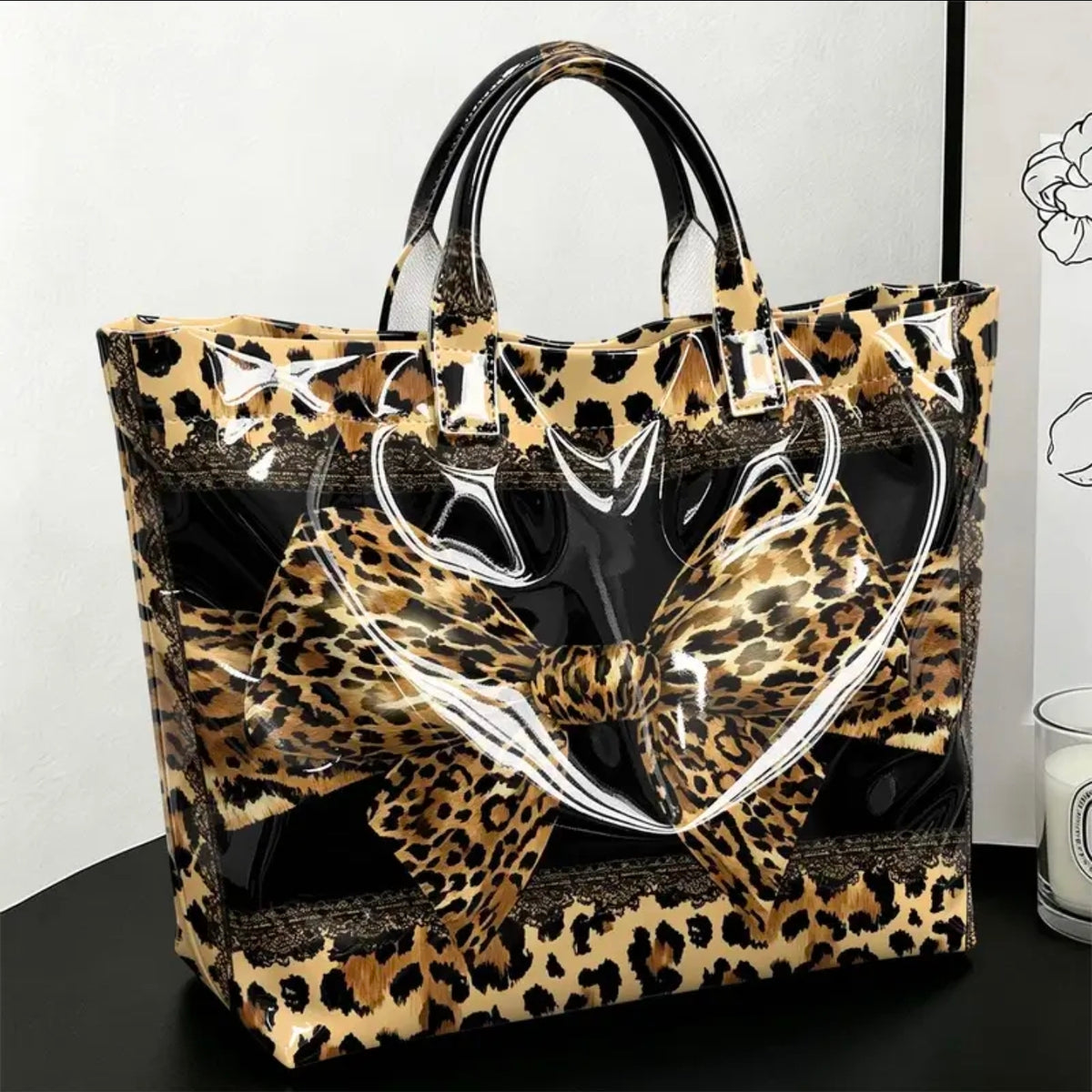 Black/gold leopard print tote bag