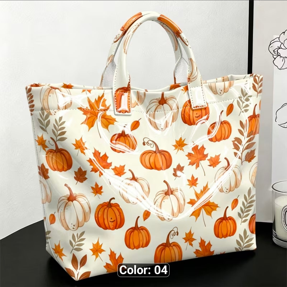 Fall Pumpkins And Maple Leaves, With A Cream Background
