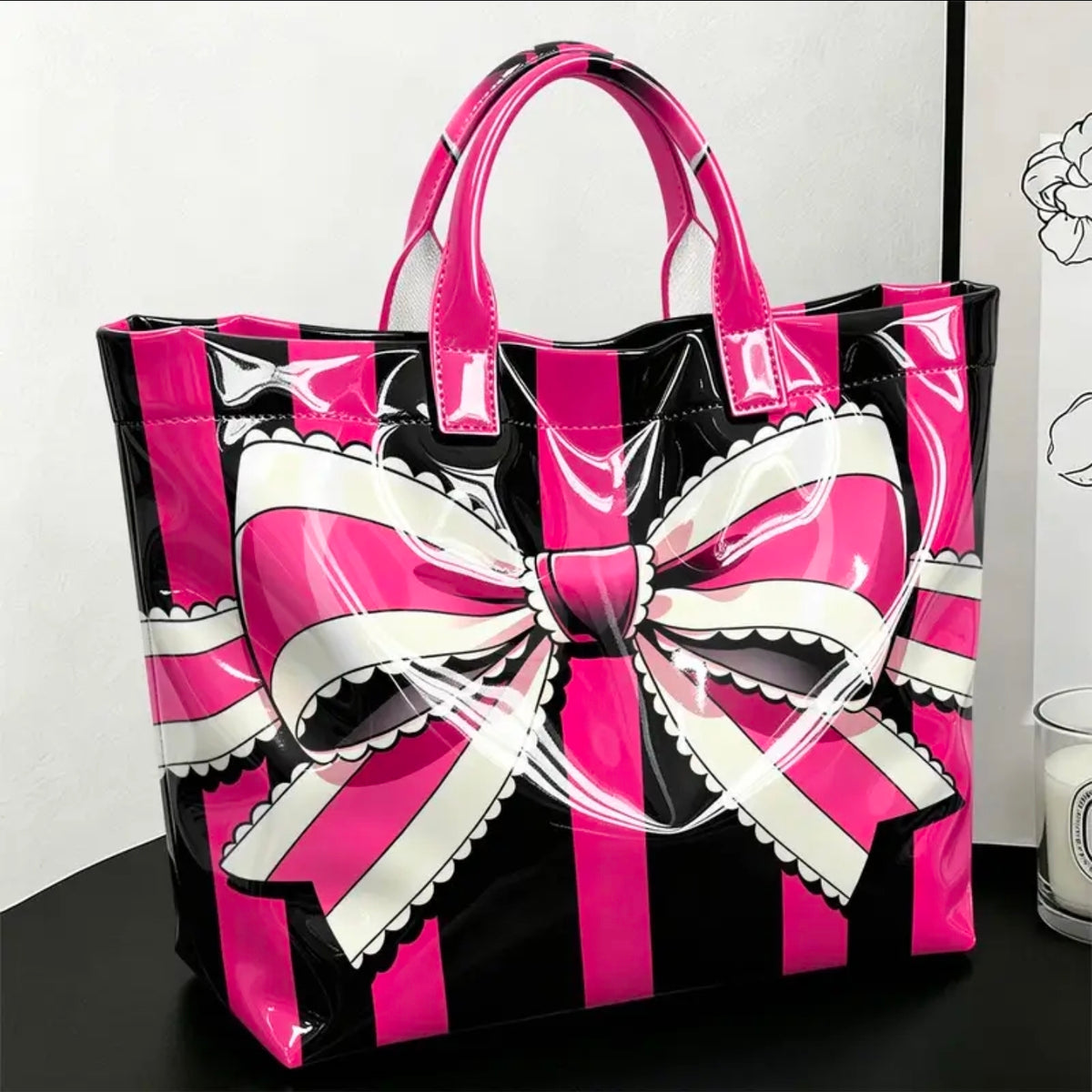 Rose pink, black and vertical white stripe.