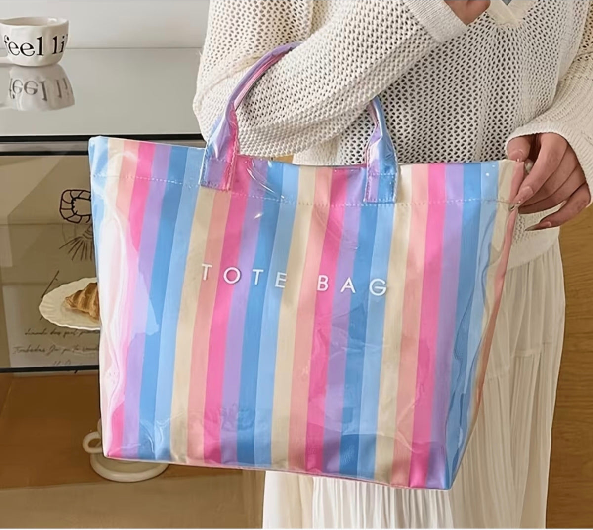 Pastel stripe tote bag